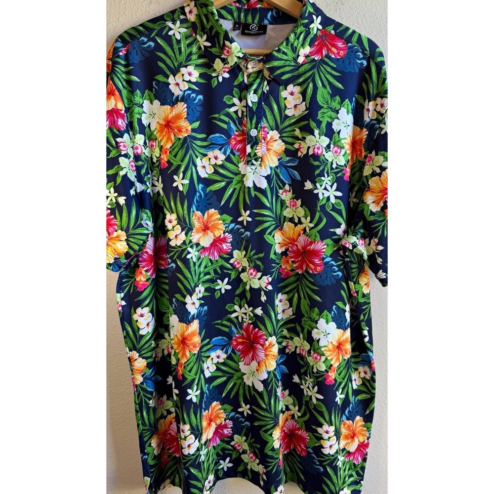 GreenSide Golf Men's XL Blue Tropical Floral Stretch Golf Polo SS
